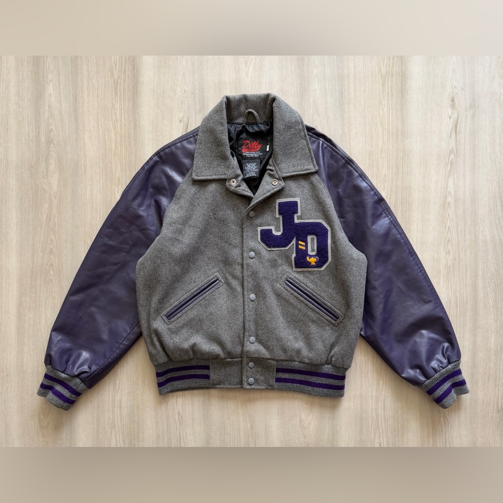 Dilly Varsity Letterman Bomber Gray/ Purple JD Genie Lamp Sz S